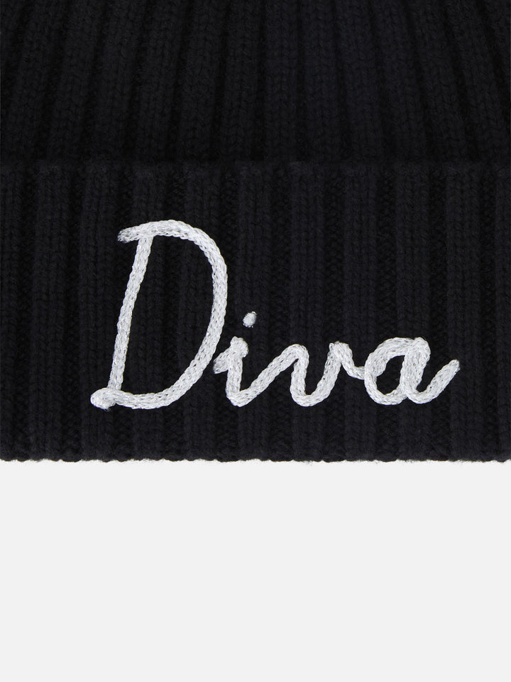 Black Wengen beanie with pompom and Diva embroidery
