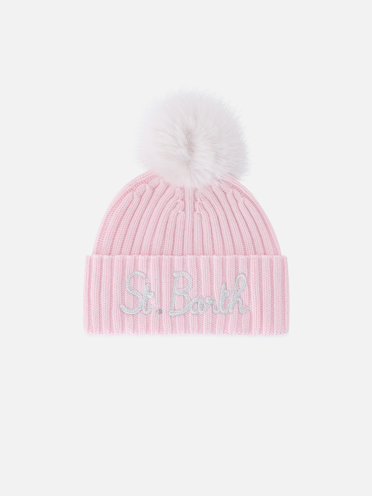 Berretto Wengen rosa con pompon e ricamo St. Barth