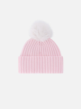 Berretto Wengen rosa con pompon e ricamo St. Barth