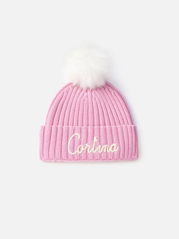 Woman pink ribbed hat Wengen with Cortina embroidery