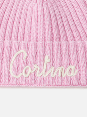 Woman pink ribbed hat Wengen with Cortina embroidery