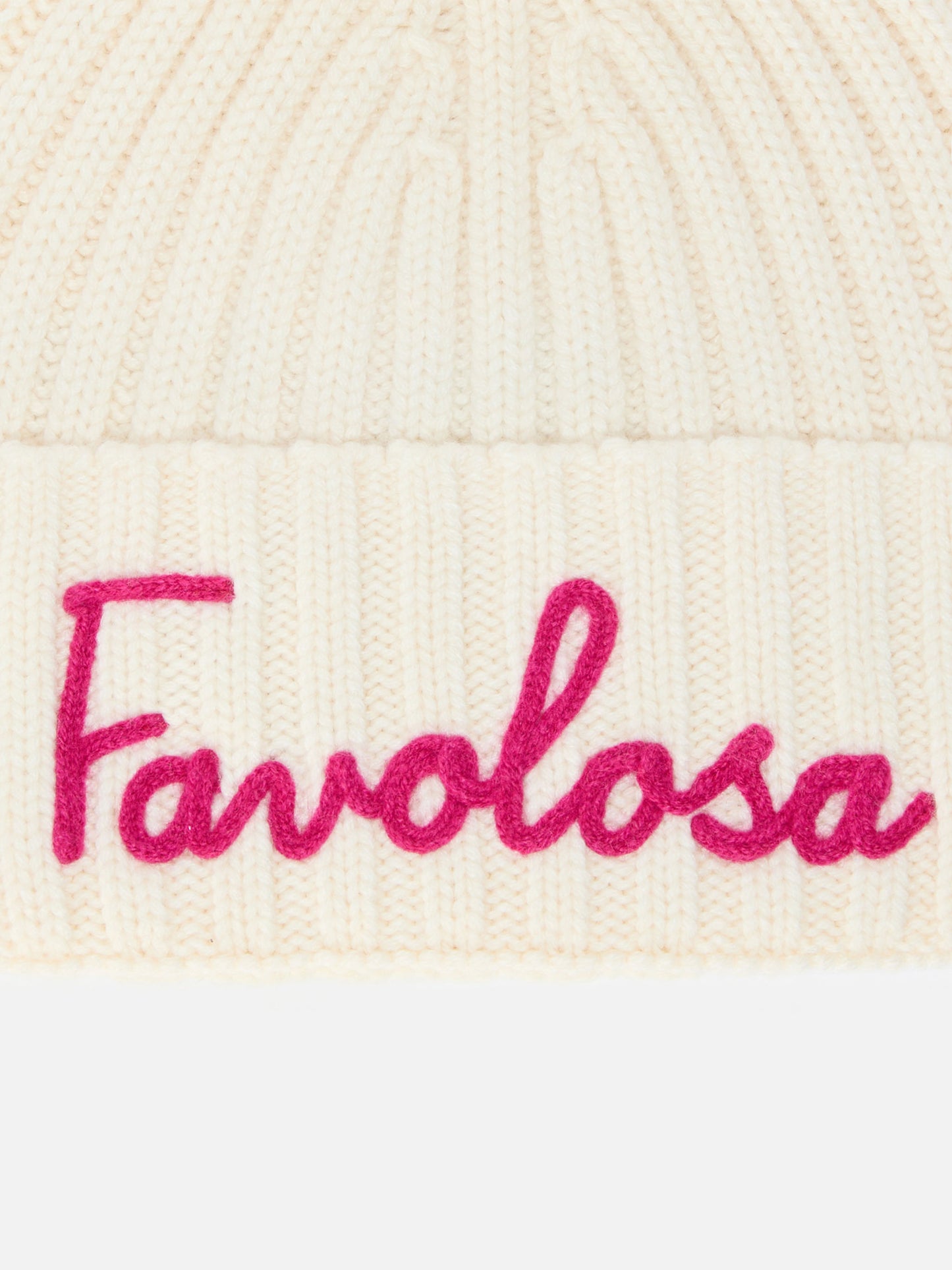 Wengen Jr F beanie in cashmere blend in white with Favolosa embroidery