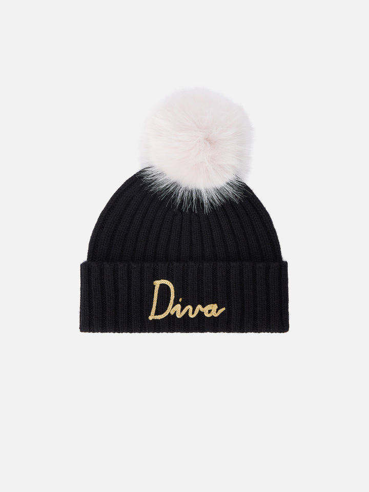 Black Wengen beanie with pompom and Diva embroidery