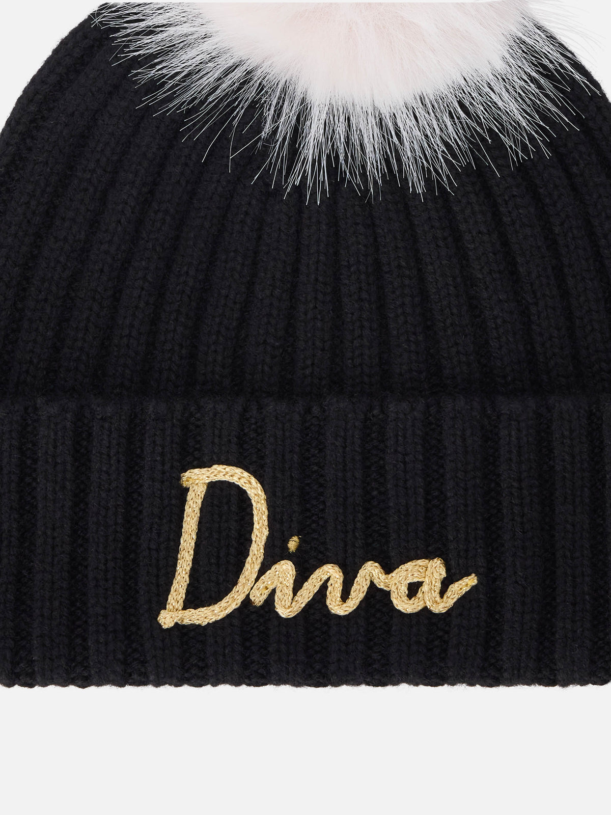 Bonnet Wengen noir avec pompon et broderie Diva 