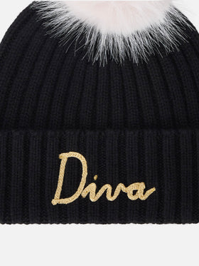 Bonnet Wengen noir avec pompon et broderie Diva 