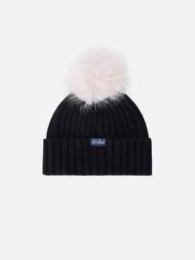 Bonnet Wengen noir avec pompon et broderie Diva 