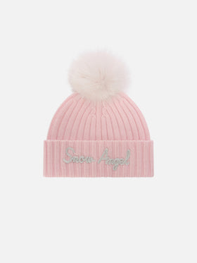 Pink Wengen beanie with pompom and Snow Angel embroidery