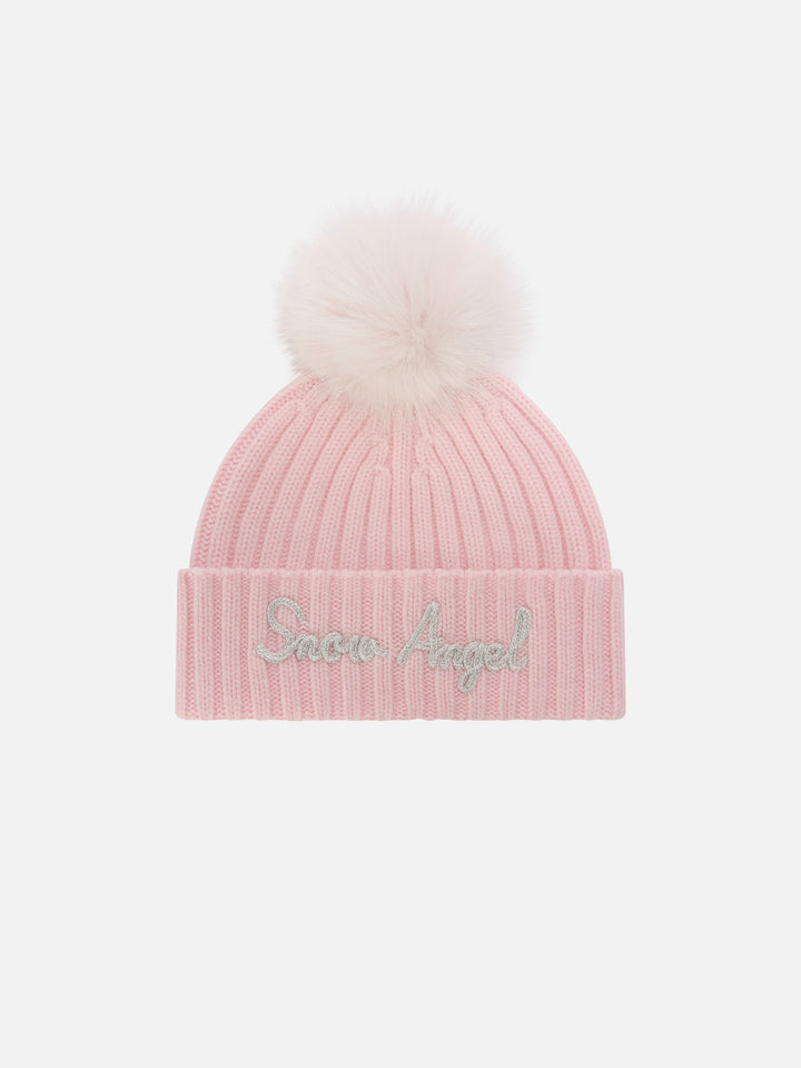 Pink Wengen beanie with pompom and Snow Angel embroidery