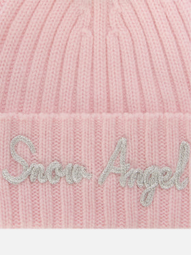 Pink Wengen beanie with pompom and Snow Angel embroidery