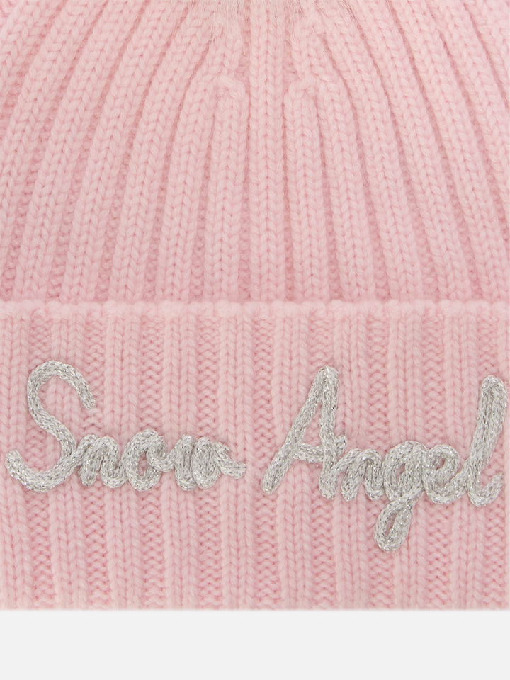 Pink Wengen beanie with pompom and Snow Angel embroidery