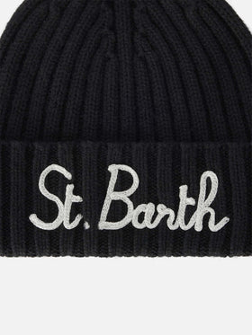 Gorro beanie Wengen negro con bordado del logo 