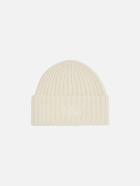 Wengen beanie in white with St. Barth embroidery on the turn-up