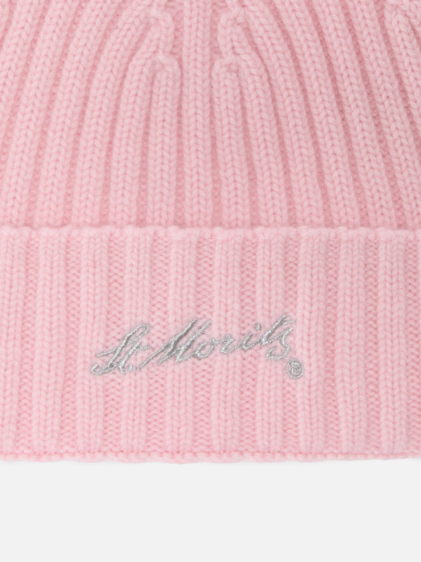 Wengen beanie in pink cashmere with St. Moritz embroidery