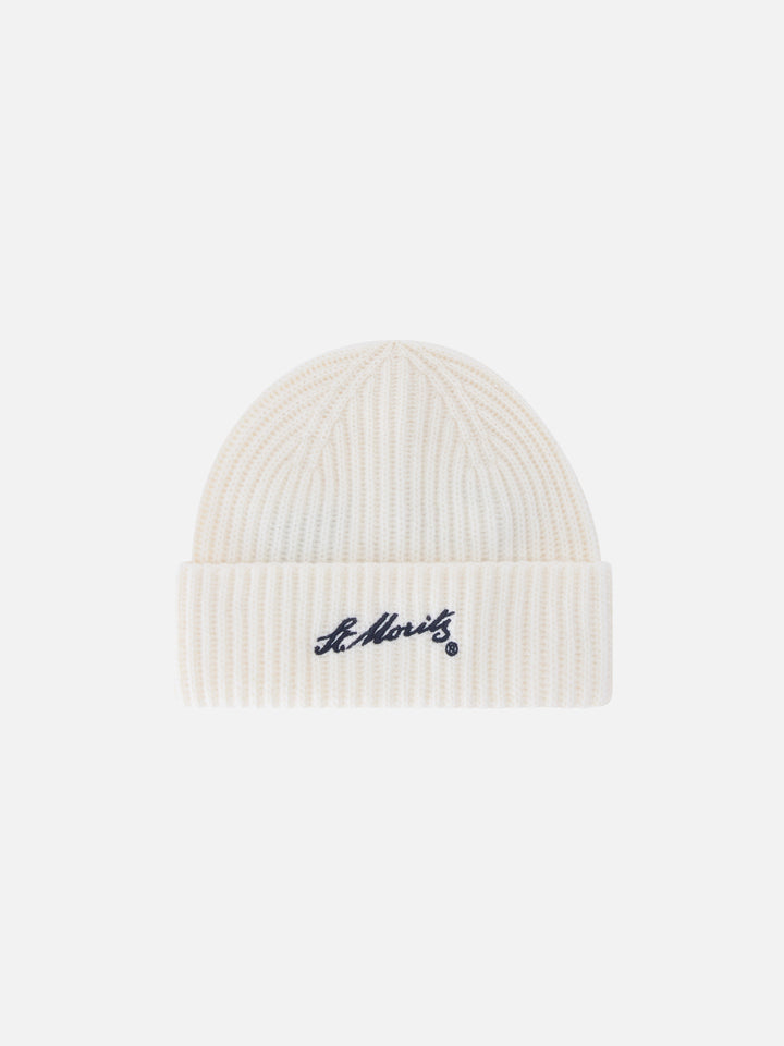 Berretto Wengen bianco panna in cashmere con ricamo St. Moritz | Special edition
