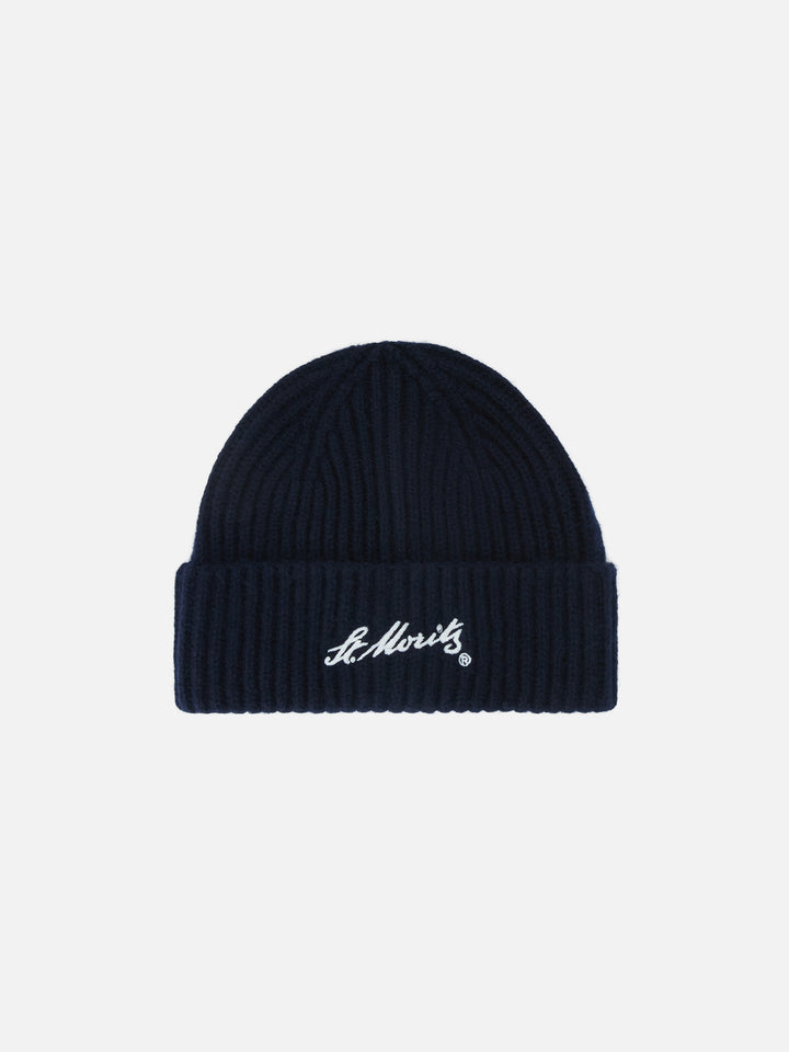 Berretto Wengen blu navy in cashmere con ricamo St. Moritz | Special edition