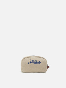 Beige Westwood linen beauty bag with embroidered logo