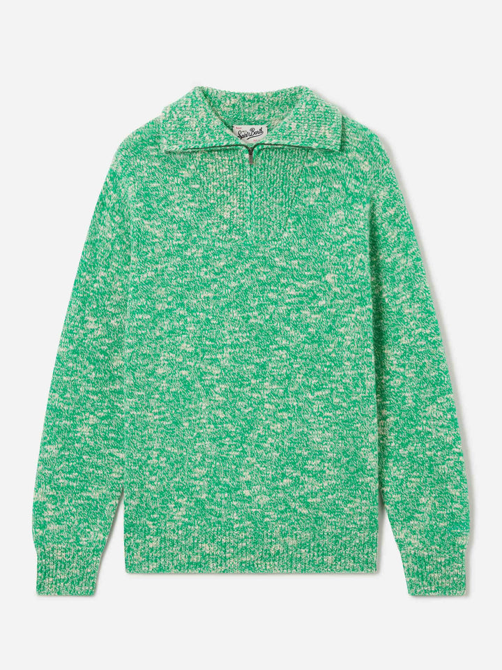 Maglia Wesley verde in lana con mezza zip e lavorazione mouliné