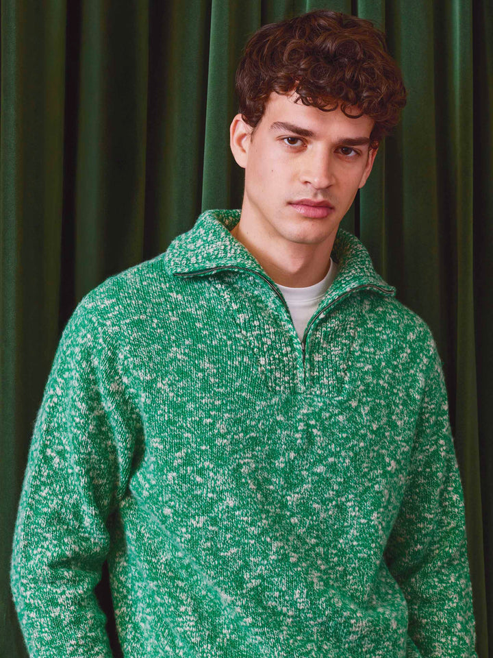 Grüner Green Wesley Wollstrick mit halbem Reißverschluss und Mouliné-Strick 