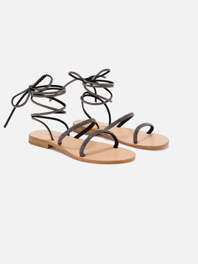 Sandalias wrap con cordones y pedrería negra 