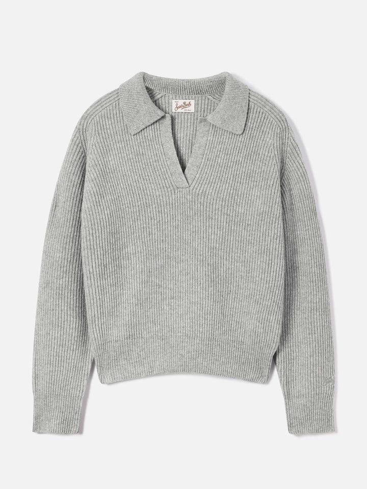 Grauer Strickpullover Yaoni aus Wolle mit Polokragen 