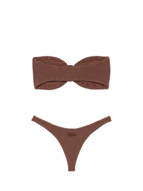 Bikini Yulia Naomi in crinkle marrone con top a fascia e slip sgambati