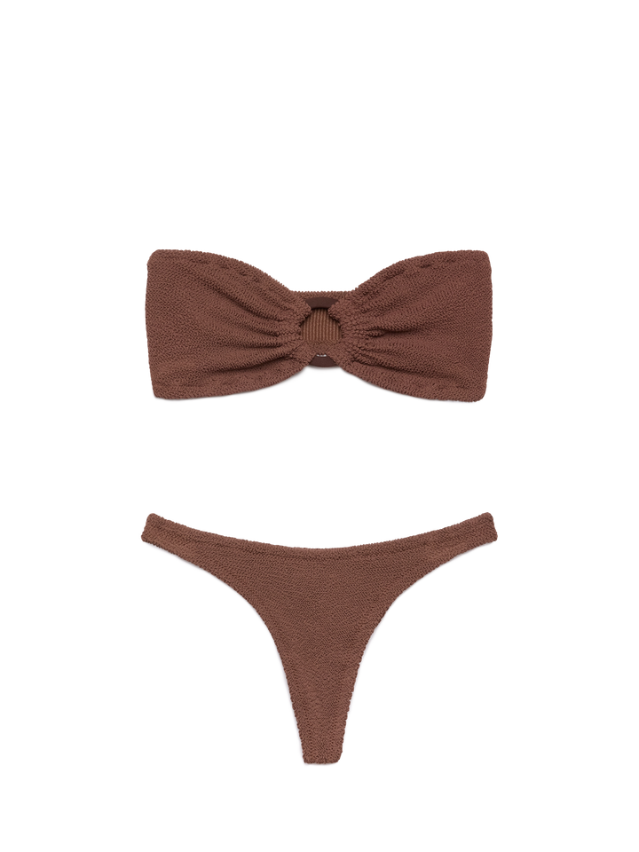 Bikini Yulia Naomi in crinkle marrone con top a fascia e slip sgambati