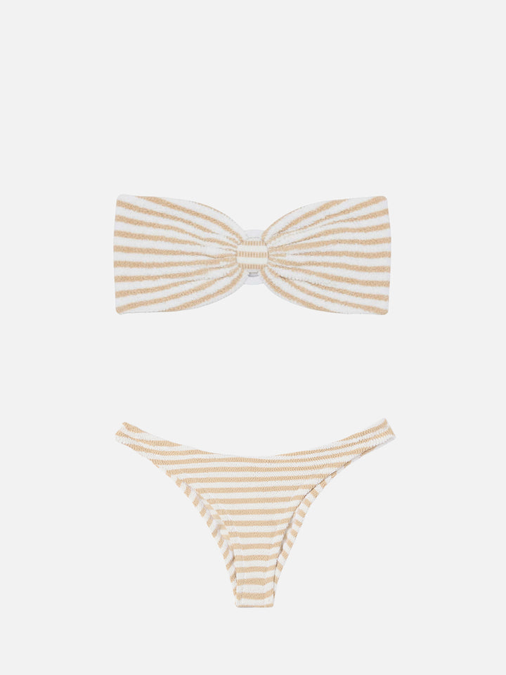 Naomi crinkle cheeky swim briefs with striped print - Yulia crinkle bandeau top with striped print