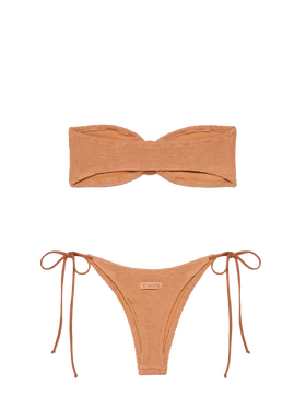 Yulia Norah caramel brown crinkle bikini with bandeau top and cheekiest briefs - MC2 Saint Barth