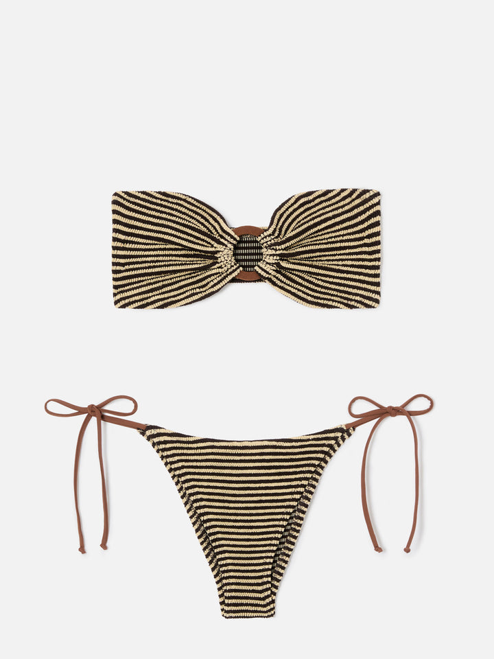 Bikini Yulia Marielle in tessuto crinkle a righe marrone e beige