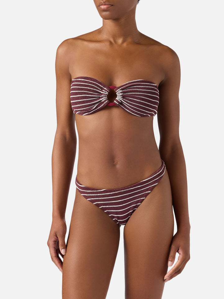 Yulia Naomi bordeaux and white striped crinkle bikini