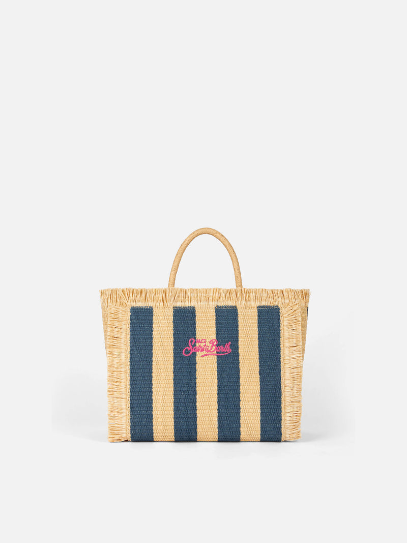 Blue striped Mini Vanity Raffia bag with embroidery