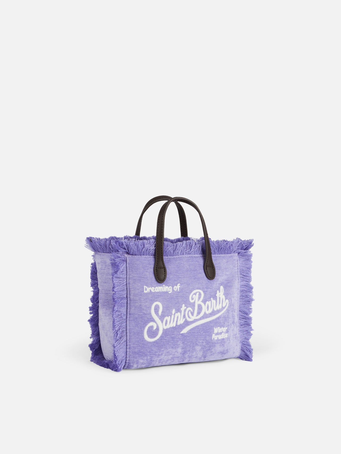 Lilafarbene Mini-Vanity-Tasche aus Samt mit Fransen