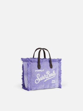 Lilafarbene Mini-Vanity-Tasche aus Samt mit Fransen