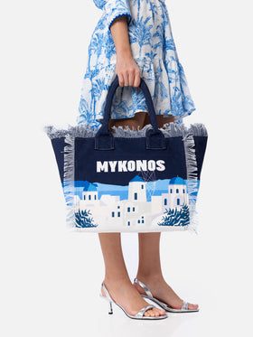 Borsa tote Vanity in tela di cotone cartolina di Mykonos