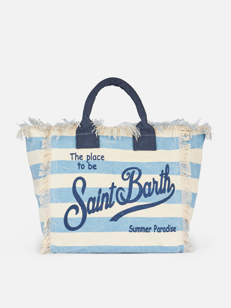 Borsa a spalla Vanity in canvas di cotone con stampa a righe azzurre