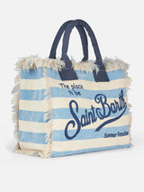 Borsa a spalla Vanity in canvas di cotone con stampa a righe azzurre