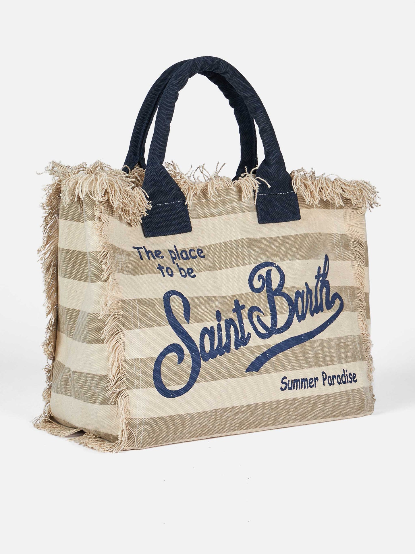 Beige gestreifte Vanity-Einkaufstasche aus Baumwollcanvas