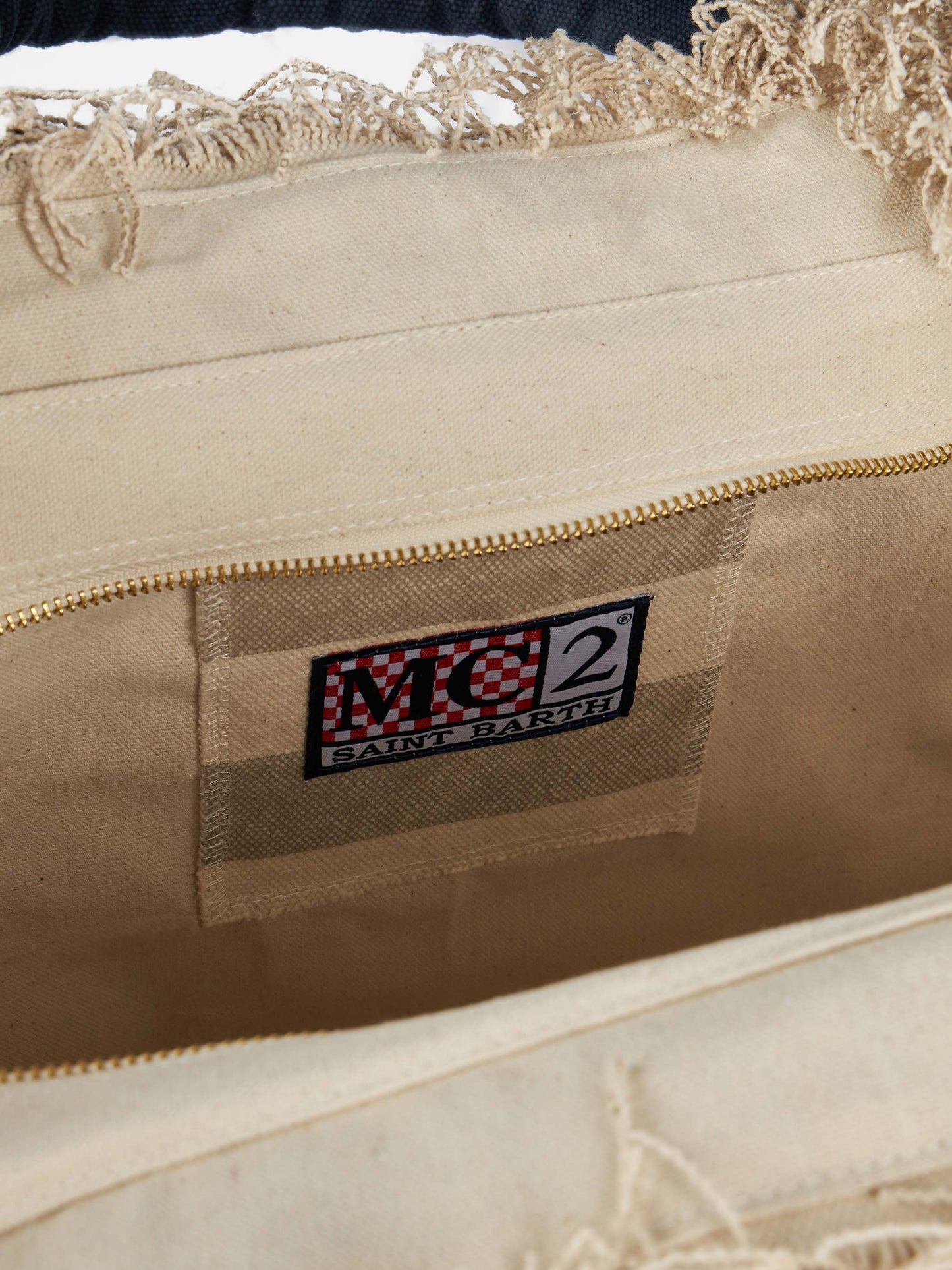 Beige gestreifte Vanity-Einkaufstasche aus Baumwollcanvas