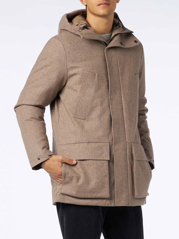 Man hooded parka Voyager with herringbone print