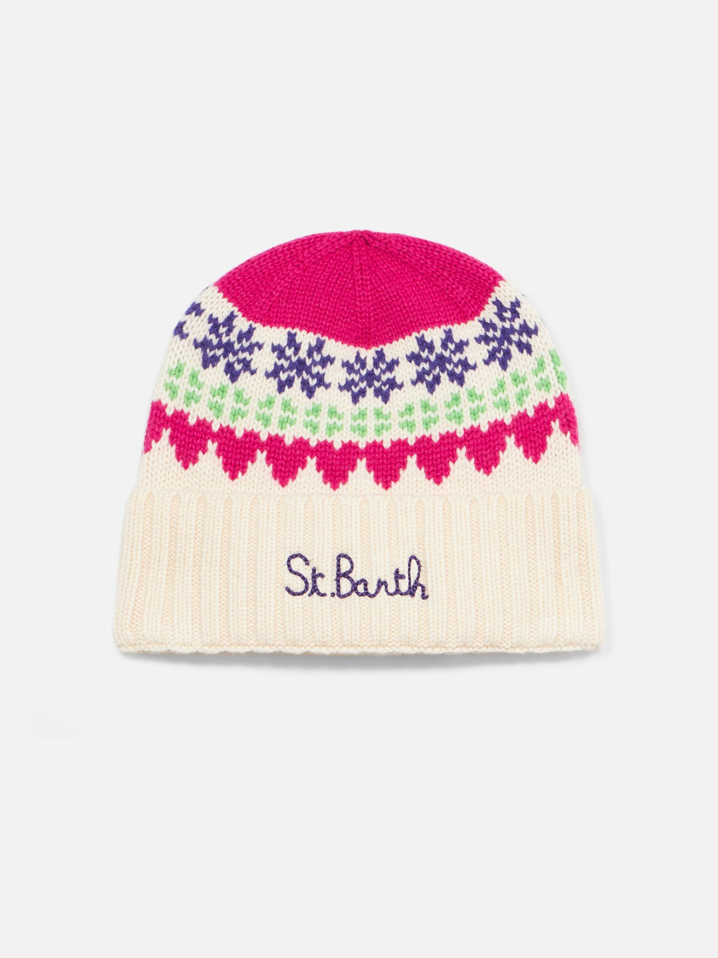 Weiße Damenmütze mit Fair-Isle-Herz-Jacquard
