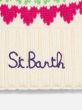 Weiße Damenmütze mit Fair-Isle-Herz-Jacquard