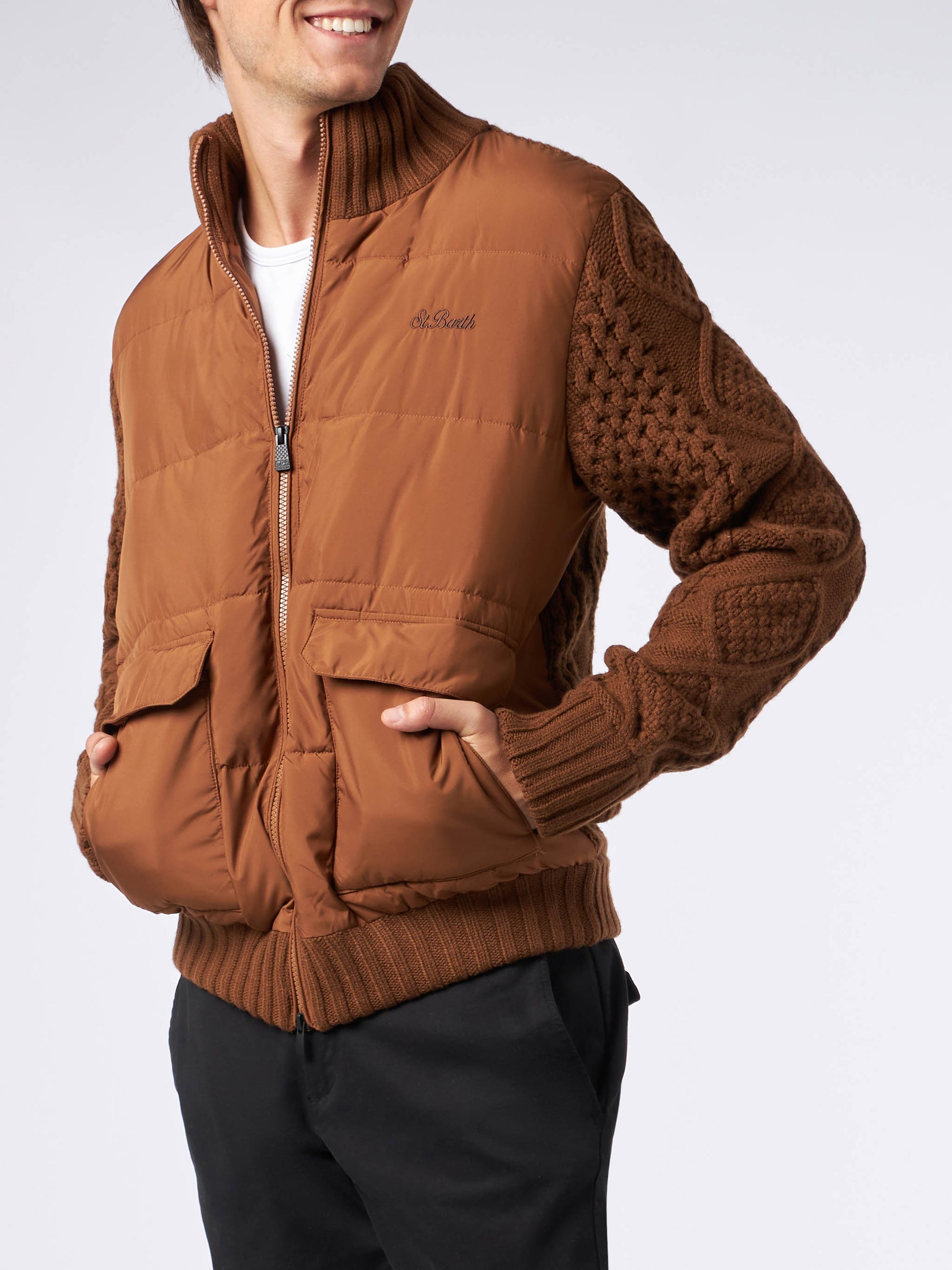 Man brown padded jacket with knitted sleeves - MC2 Saint Barth