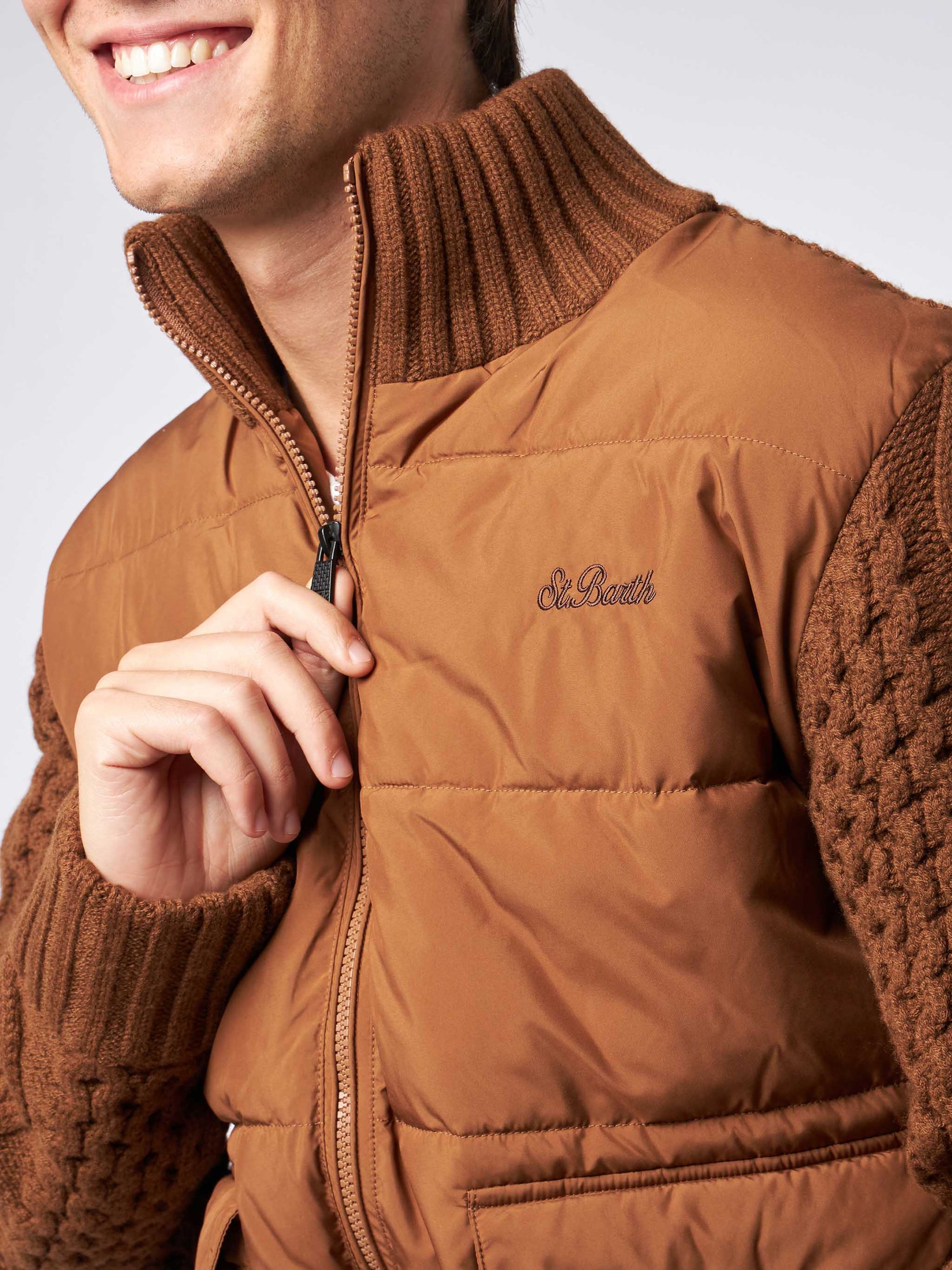 Man brown padded jacket with knitted sleeves - MC2 Saint Barth