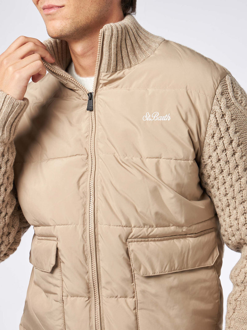 Man beige padded jacket with knitted braided sleeves