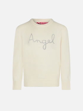 Girl white sweater angel wings embroidery