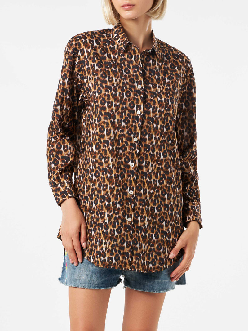 Camicia in cotone stampa leopardo con ricamo