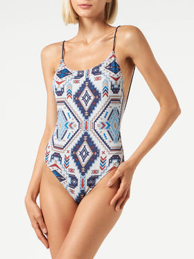 Woman one piece swimsuit with glitter aztec print - MC2 Saint Barth