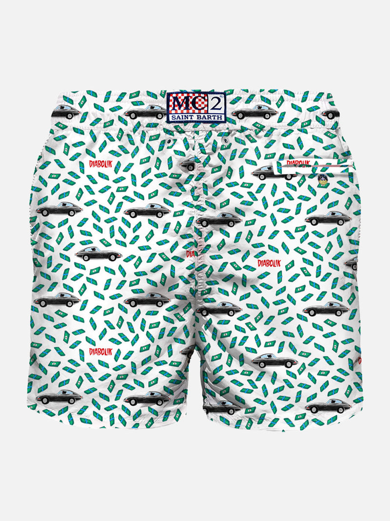 Man light fabric swim shorts with car and money print | DIABOLIK SPECIAL EDITION