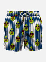 Blue striped mid-length swim shorts avocado print