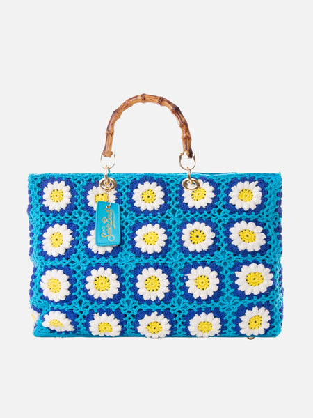 Handmade Tiles Crochet Bag with Bamboo-Look Handles, Floral Design